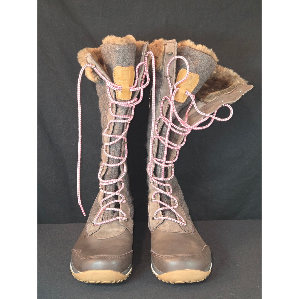 Salomon Women's Brown Quilted Wool Winter Snow Boots Fur Trim Lace Up Zip Size 8